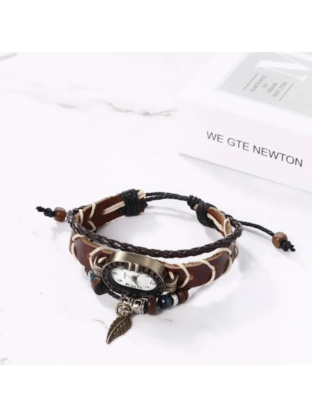 Women's Brown Analog Leaf Oval Case Bracelet Weave Wrap Around Leather Watch - Picture 4 of 6